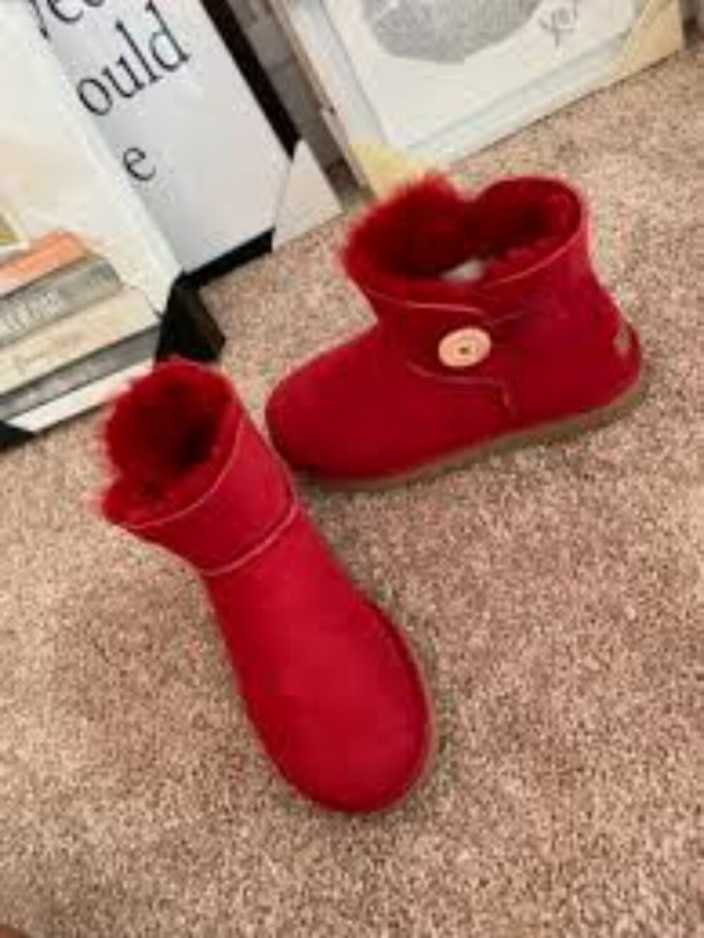 UGG Mini Bailey Button Bling Crystal Button Red Women Size 6